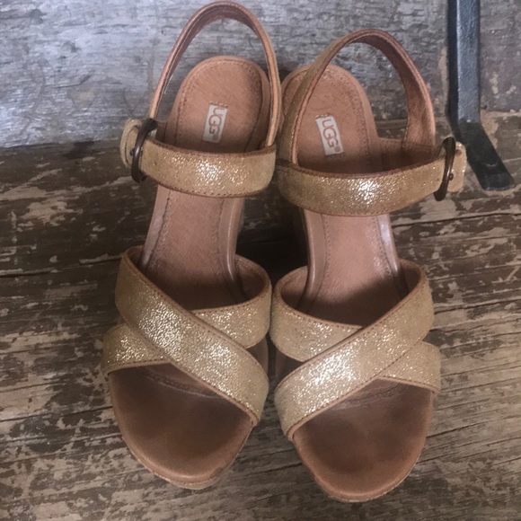 UGG Gold & Tan Leather Cork Wedge Sandal 6.5 - Picture 6 of 6